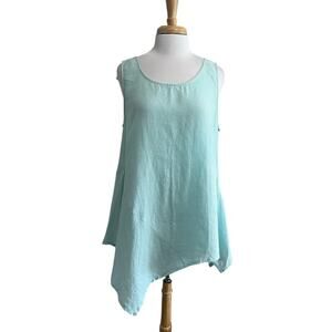For Cynthia Linen Top Asymmetrical Sleeveless Tunic Aqua Lagenlook Women’s L